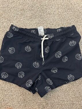 Kids Navy Shell-Print Swim Trunks